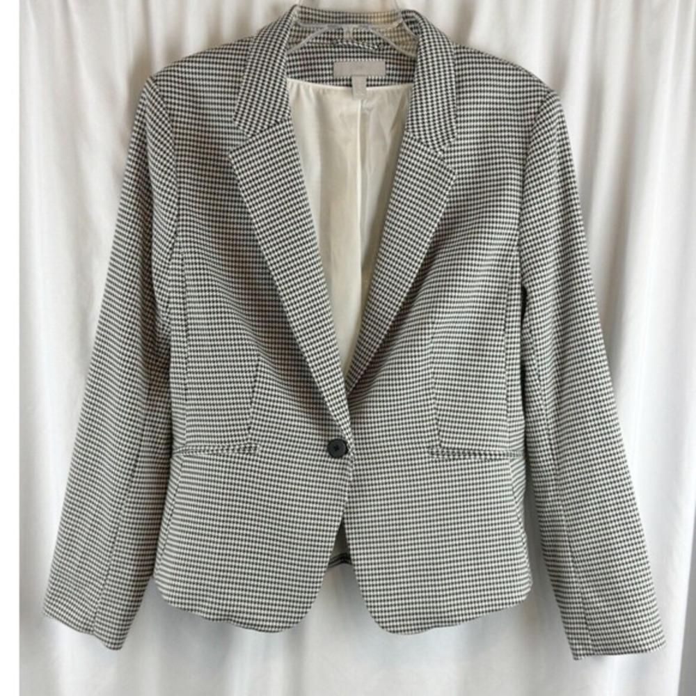 H&M Houndstooth Blazer Black White Single Button Jacket‎ 12 Preppy Career 68-32
